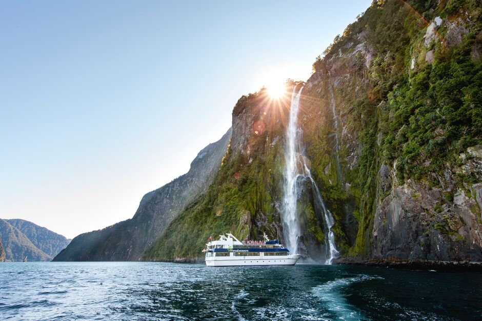 Waterfalls descending into Milford Sound in Fiordland