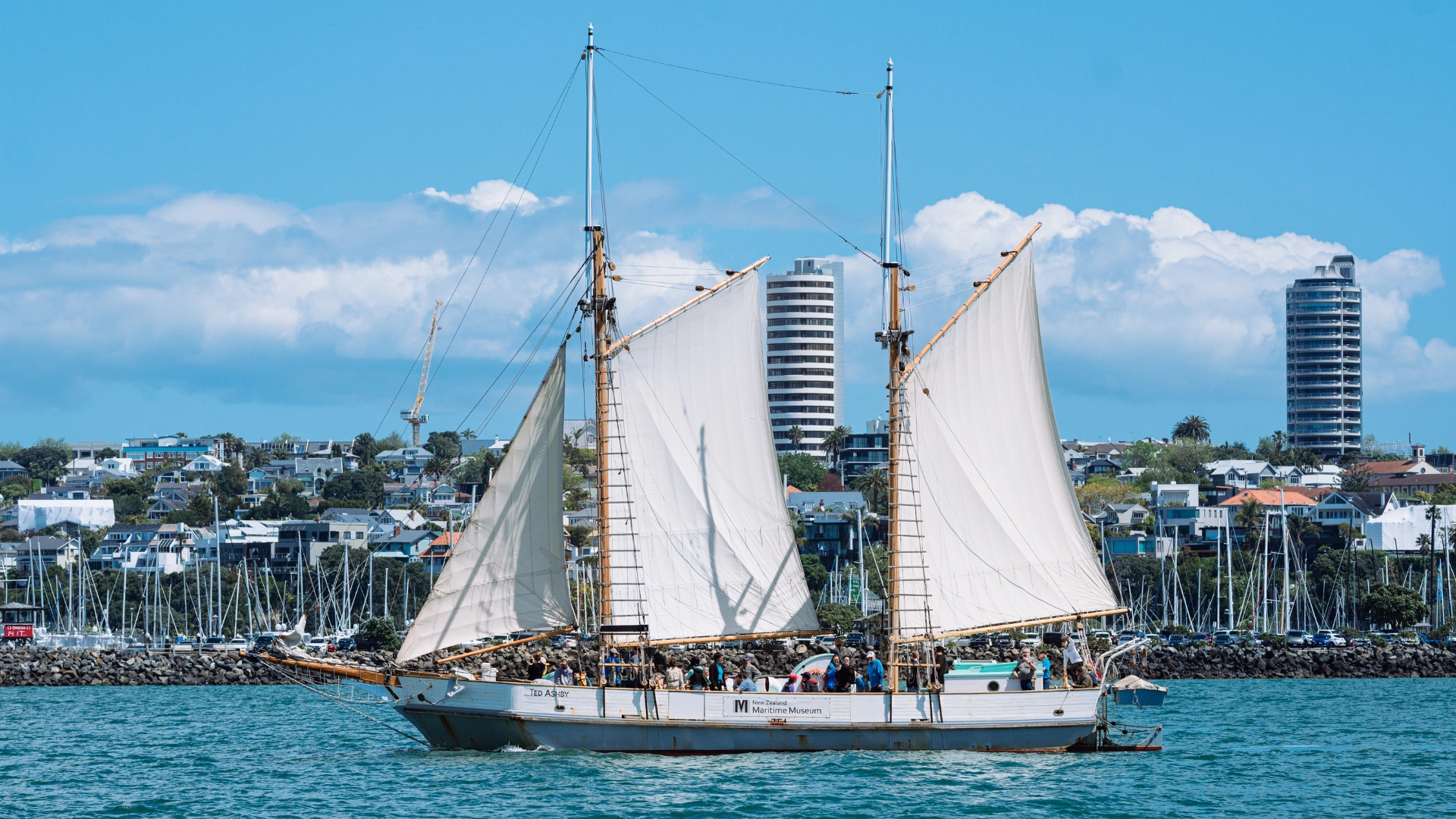 A yacht crossing the Waitematā Harbour in Auckland